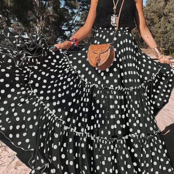 Black Casual Women's Layered Clashing Polka Dot Trim Halter Skirt - Picture 1 of 4